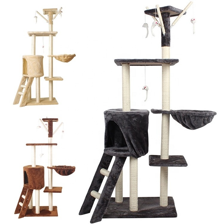 Multi-level Climbing Sisal Frameodern Wood Tower Furniture Scratch Post Pet House Cat Tree For Large Cats With Hammock Bed