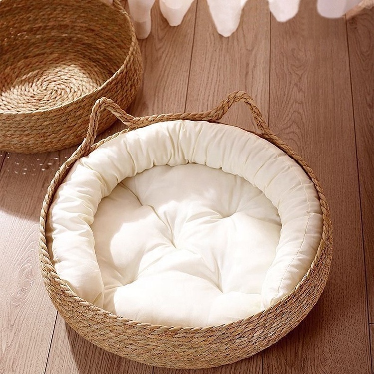 Eco Friendly Natural Sleeping Relaxing Rattan Animal Dog Cat Woven Pet Bed With Sofa Cushion