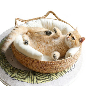 Eco Friendly Natural Sleeping Relaxing Rattan Animal Dog Cat Woven Pet Bed With Sofa Cushion