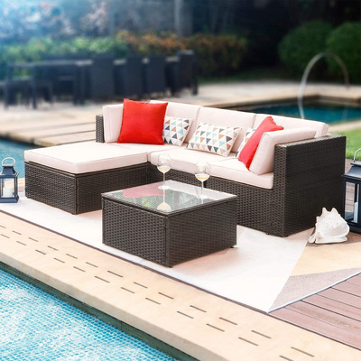 5Pieces Patio Furniture Sets All Weather Outdoor Sectional Sofa Manual Weaving Wicker Rattan Patio Conversation Set with Cushion