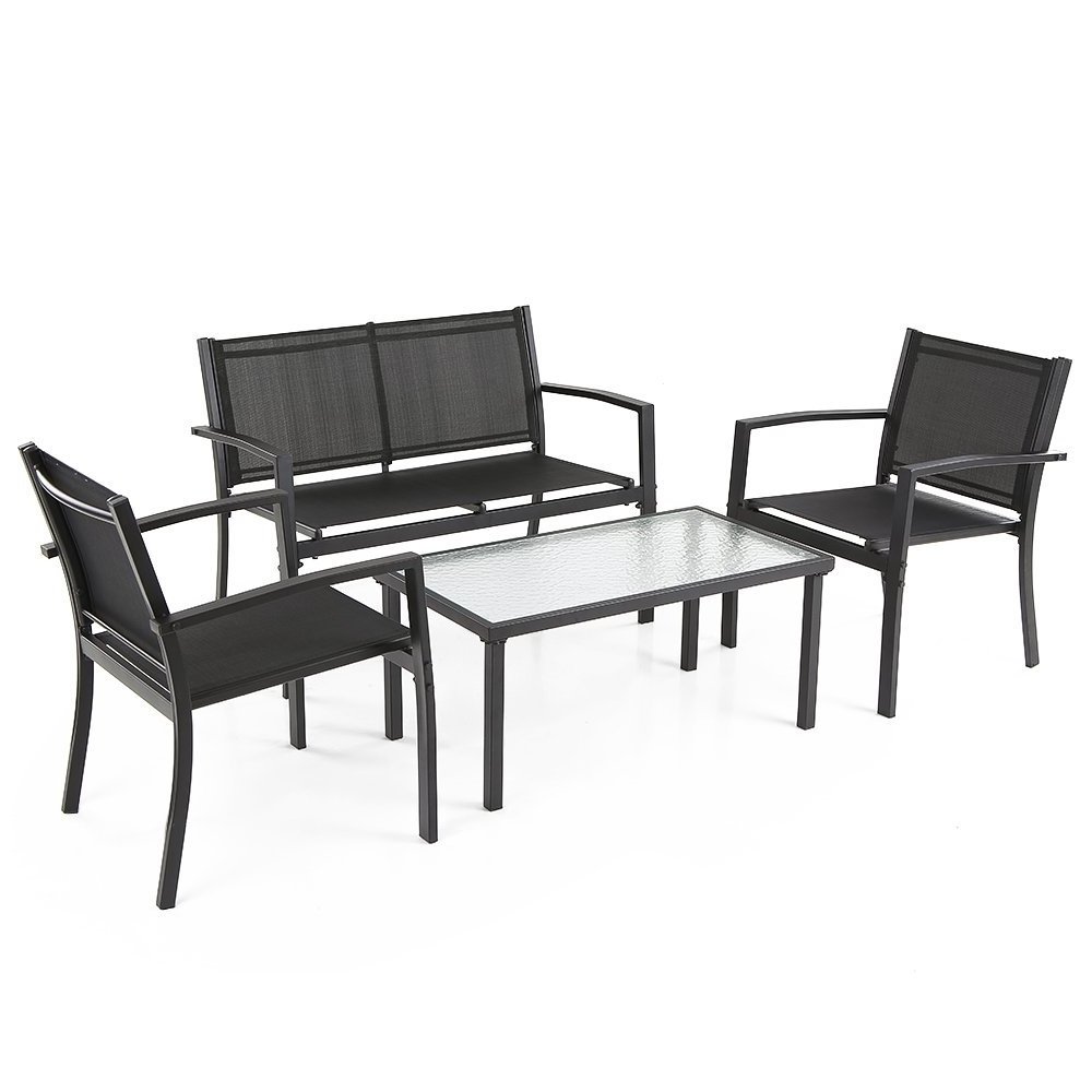 4 Pieces Outdoor Patio Conversation Set Black Bistro Garden Furniture Sets with Loveseat