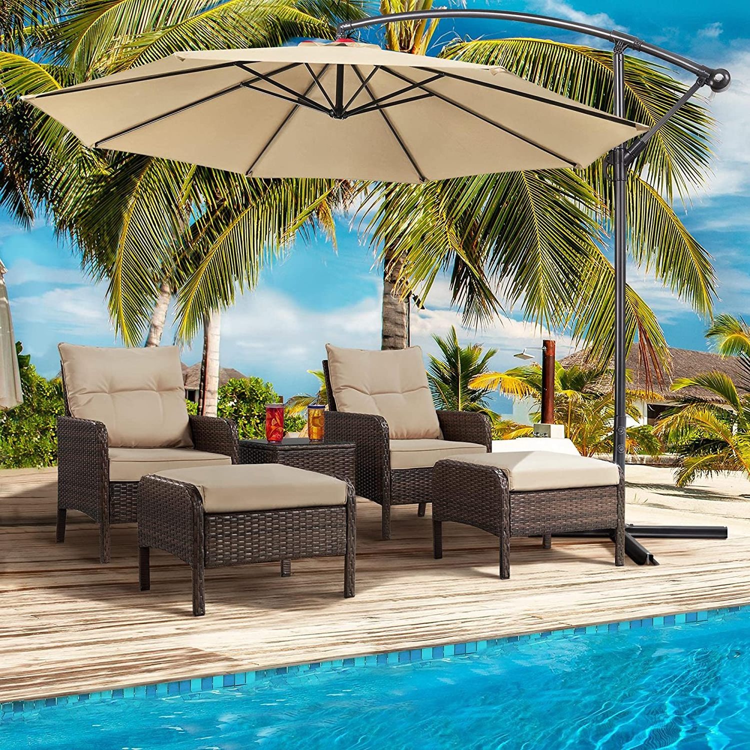 Patio Conversation Bistro Set 5 Pieces Outdoor PE Wicker Rattan Sofa All Weather Cushioned Chairs and Ottomans with Coffee Table