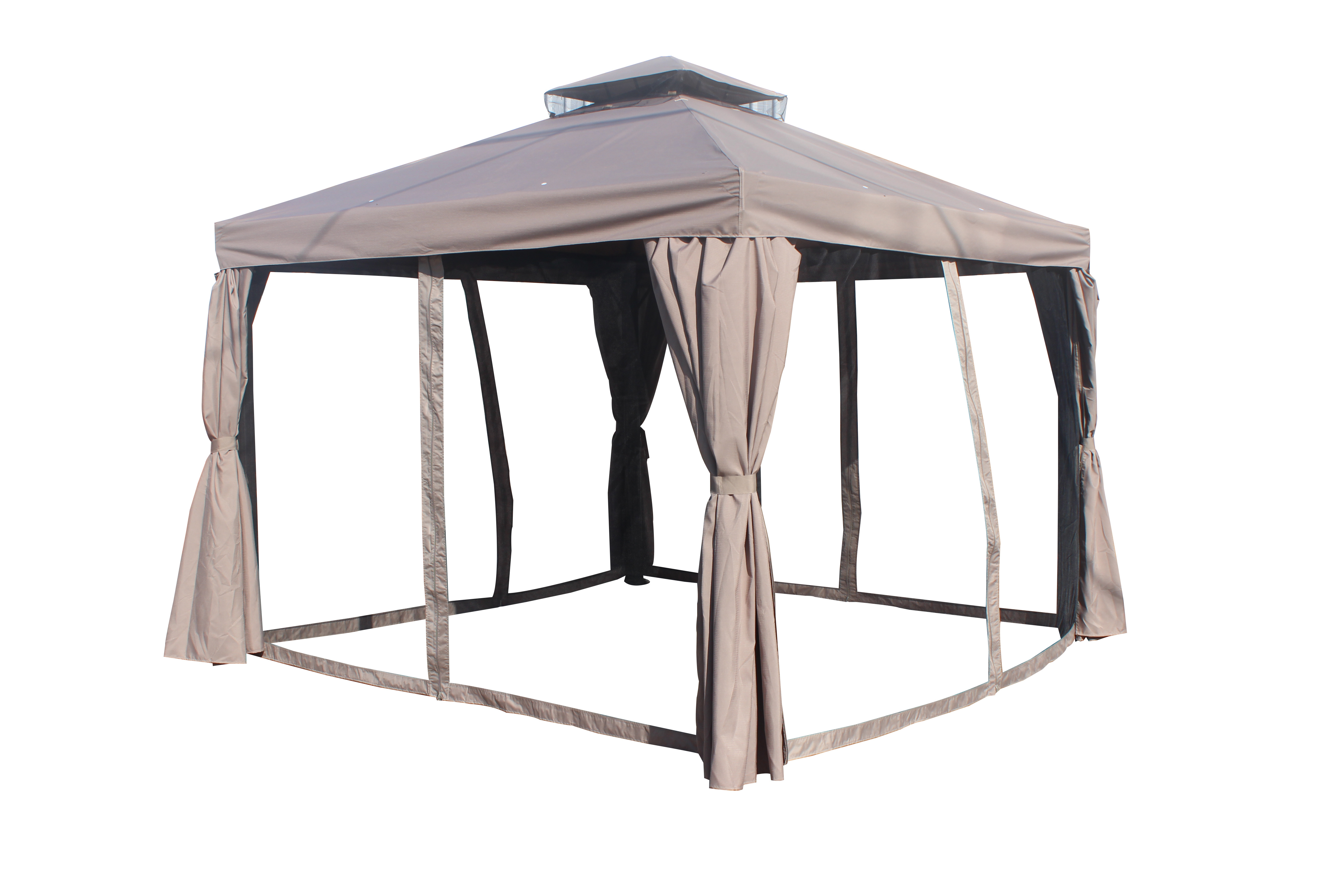 3X3M Outdoor Party Event Aluminum Garden Rome Mesh Gazebo Shelter with Double Canopy Roof Netting Sidewall and Curtains Soft Top