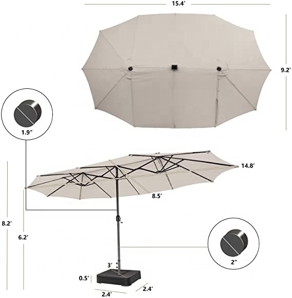 15x9FT Outdoor Big Double Sided Patio Twin Umbrella with 48 LED Solar Lights and Base