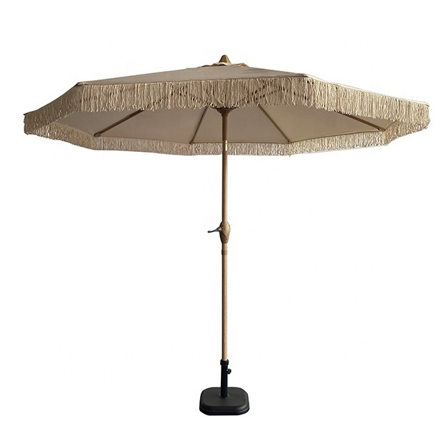 9ft outdoor wood grain pattern market umbrella parasol with tassels