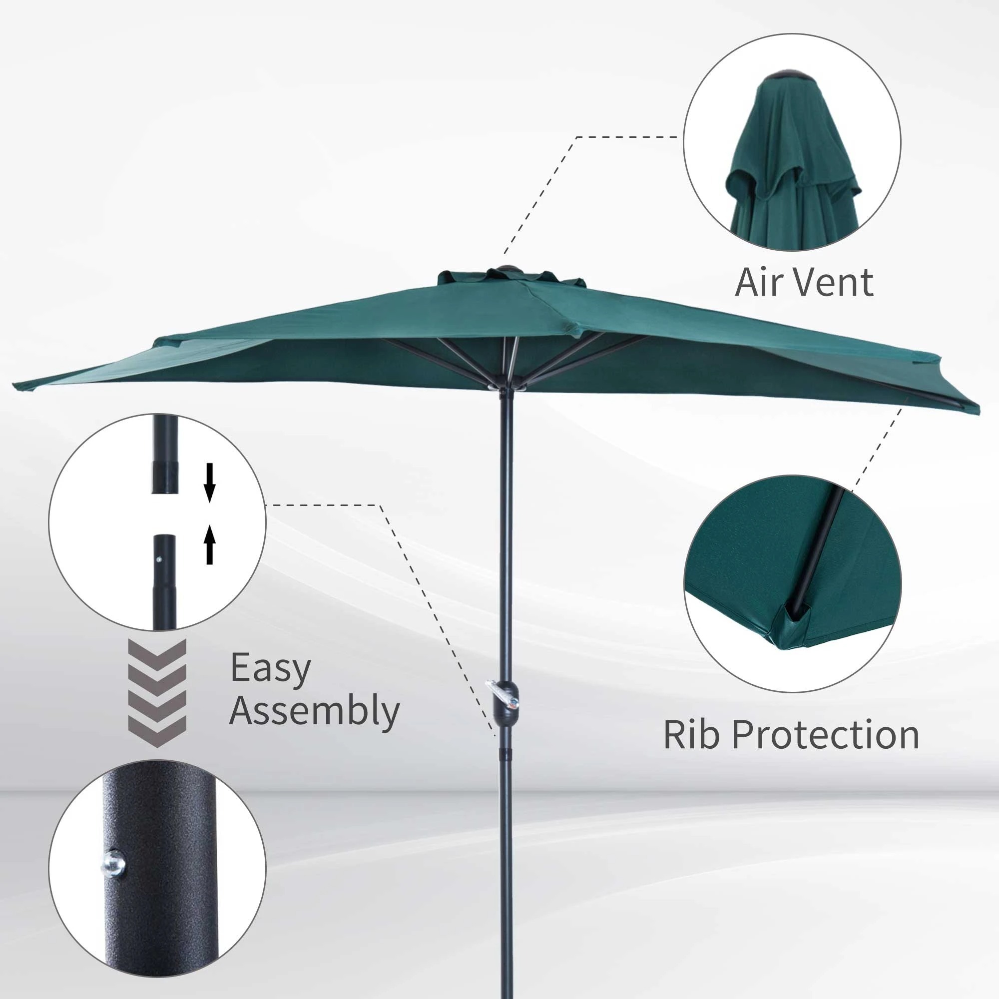 9' Outdoor Half Patio Umbrella Wall Balcony Parasol Garden Door Sunshade with 5 Ribs and Crank Green