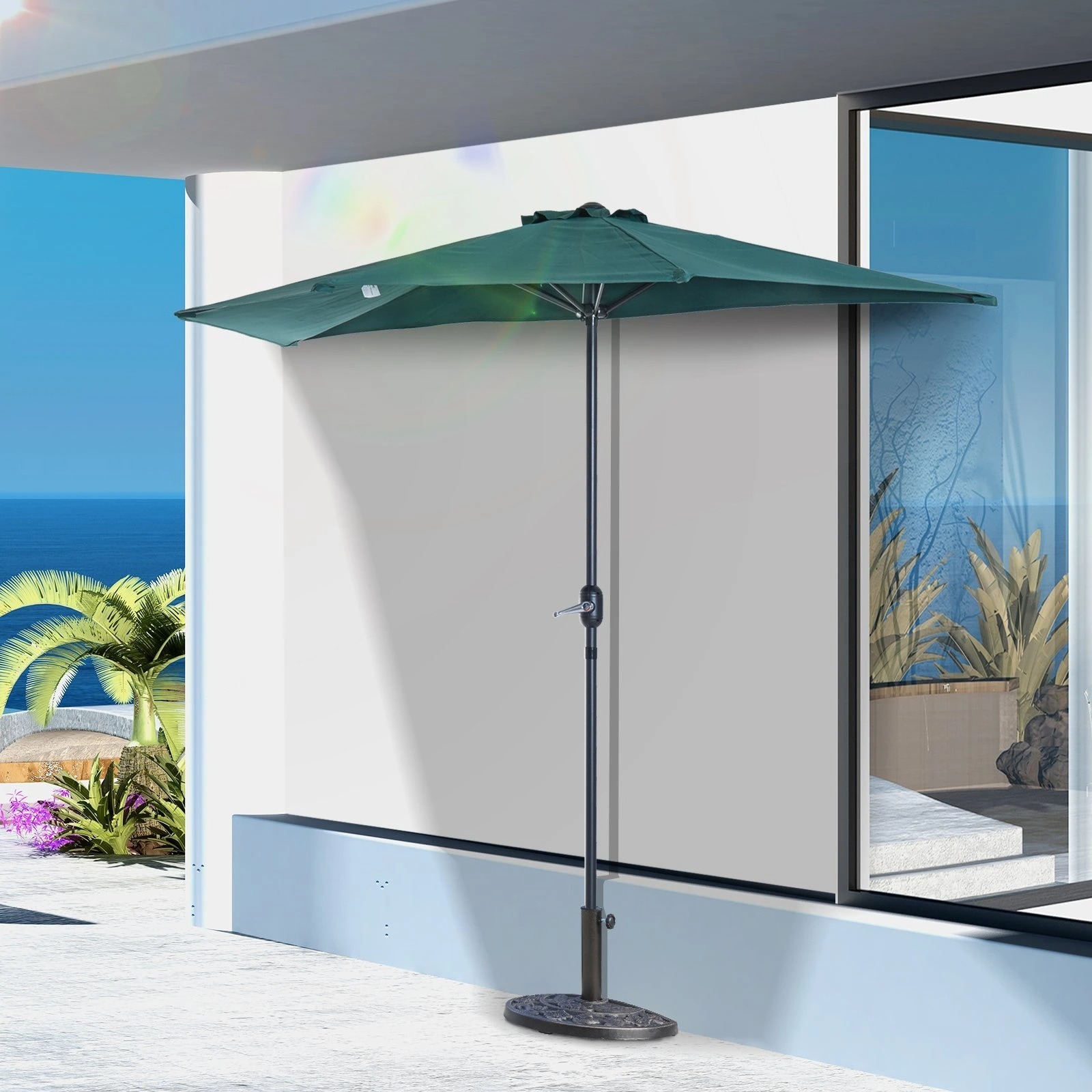 9' Outdoor Half Patio Umbrella Wall Balcony Parasol Garden Door Sunshade with 5 Ribs and Crank Green