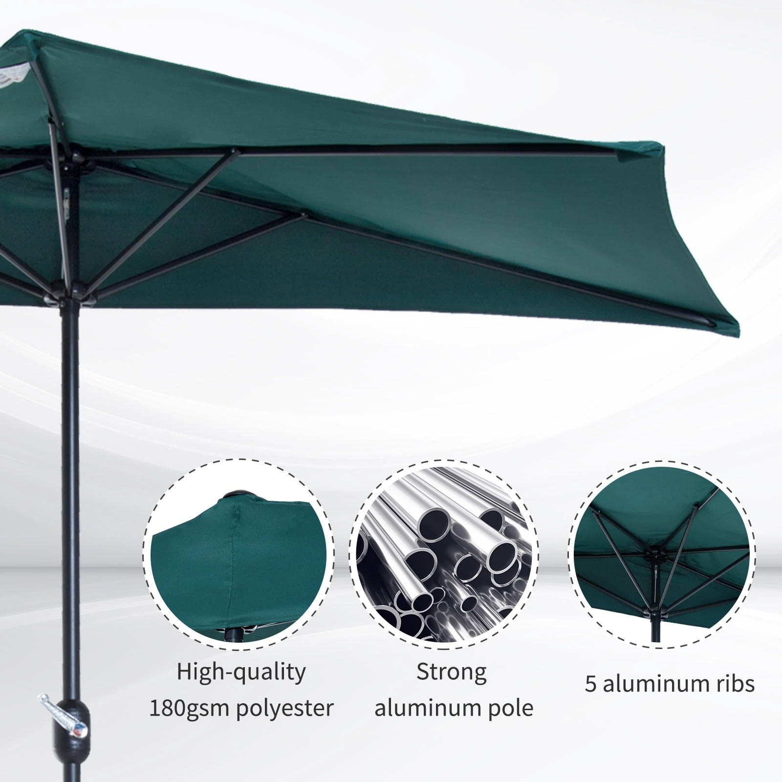 9' Outdoor Half Patio Umbrella Wall Balcony Parasol Garden Door Sunshade with 5 Ribs and Crank Green