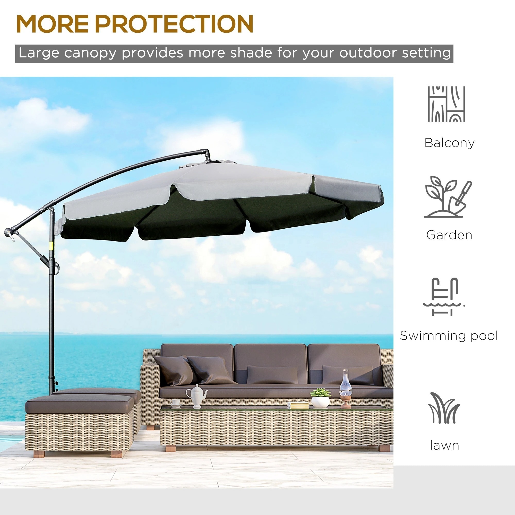 Cantilever Offset Patio Umbrella 10 feet Hanging Garden Parasol SunShade Bistro Market Banana Umbrella with Cross Base Air Vent