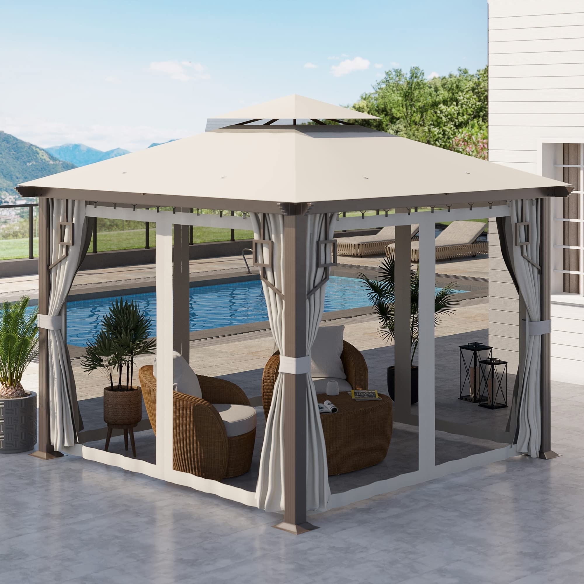 Cream White 10' x 10' Aluminum Patio Gazebo Outdoor Canopy Shelter with Double Tier Roof Netting and Curtains for Garden Lawn