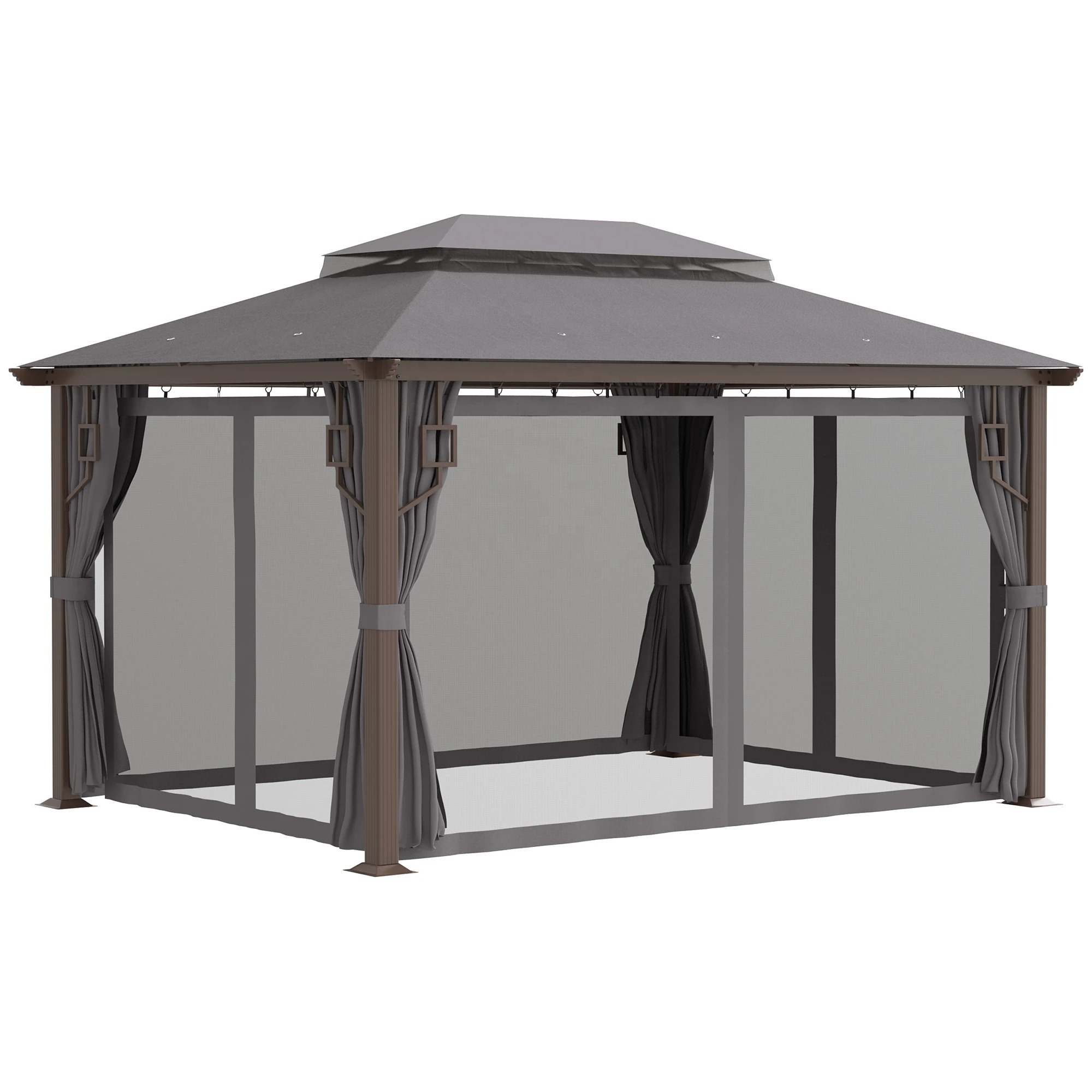 10 x 13 ft. Aluminum Gazebo Party Tent Permanent Pavilion Sunshade Pergola with Decorative Frame Curtain and Mosquito Netting