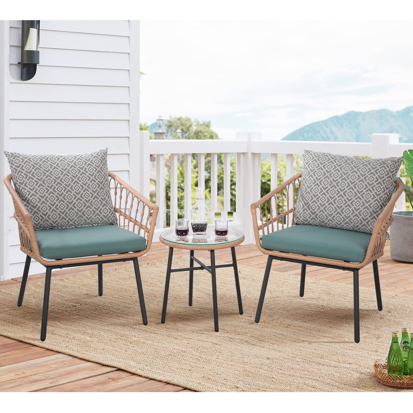 3 Piece Patio Bistro Set Outdoor Furniture All Weather Wicker Conversation Set 2 Rattan Armchairs with Round Glass Coffee Table