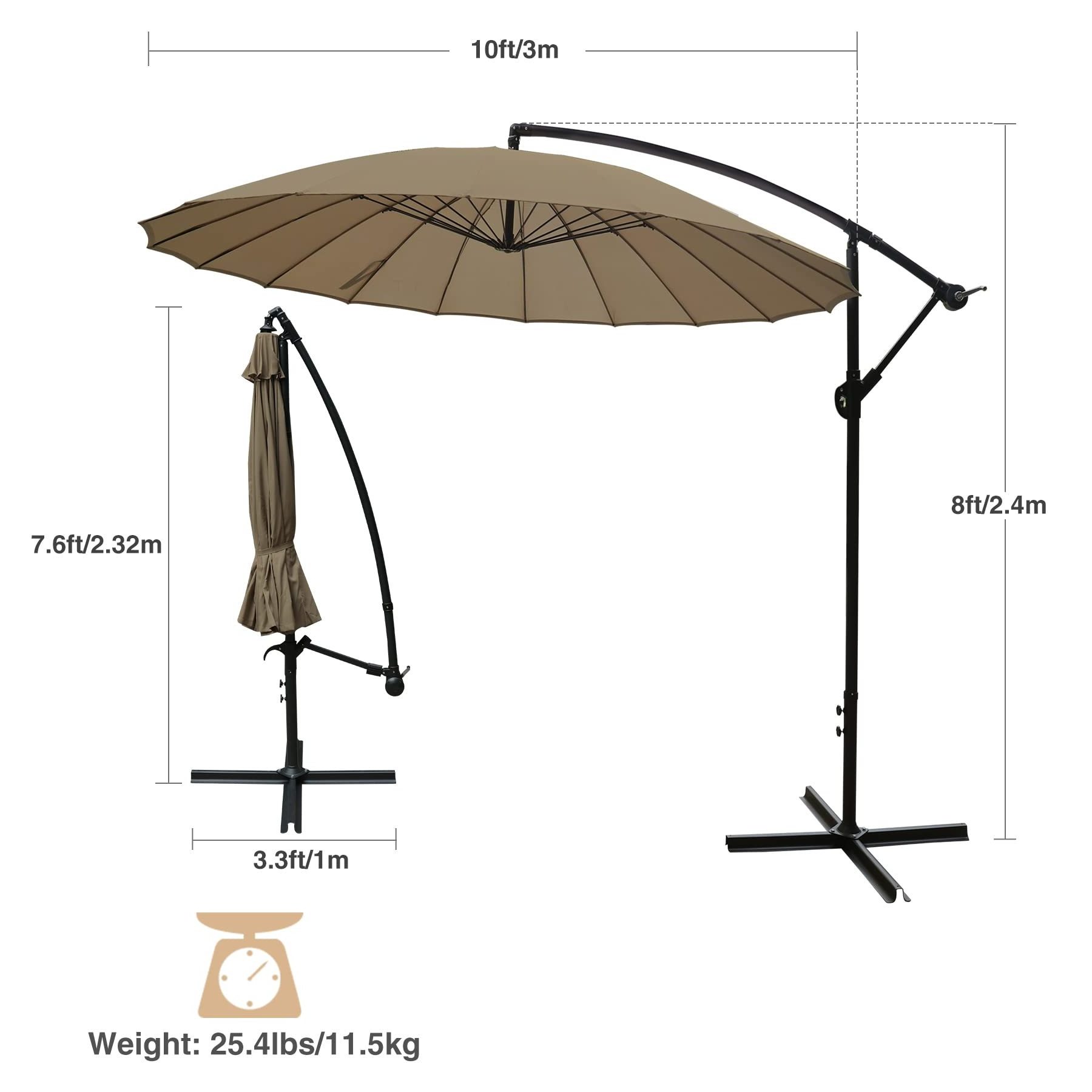 10ft Fiberglass Ribs Cantilever Umbrella Large Offset Hanging Patio Umbrella with Stand Freestanding for Backyard Poolside Lawn