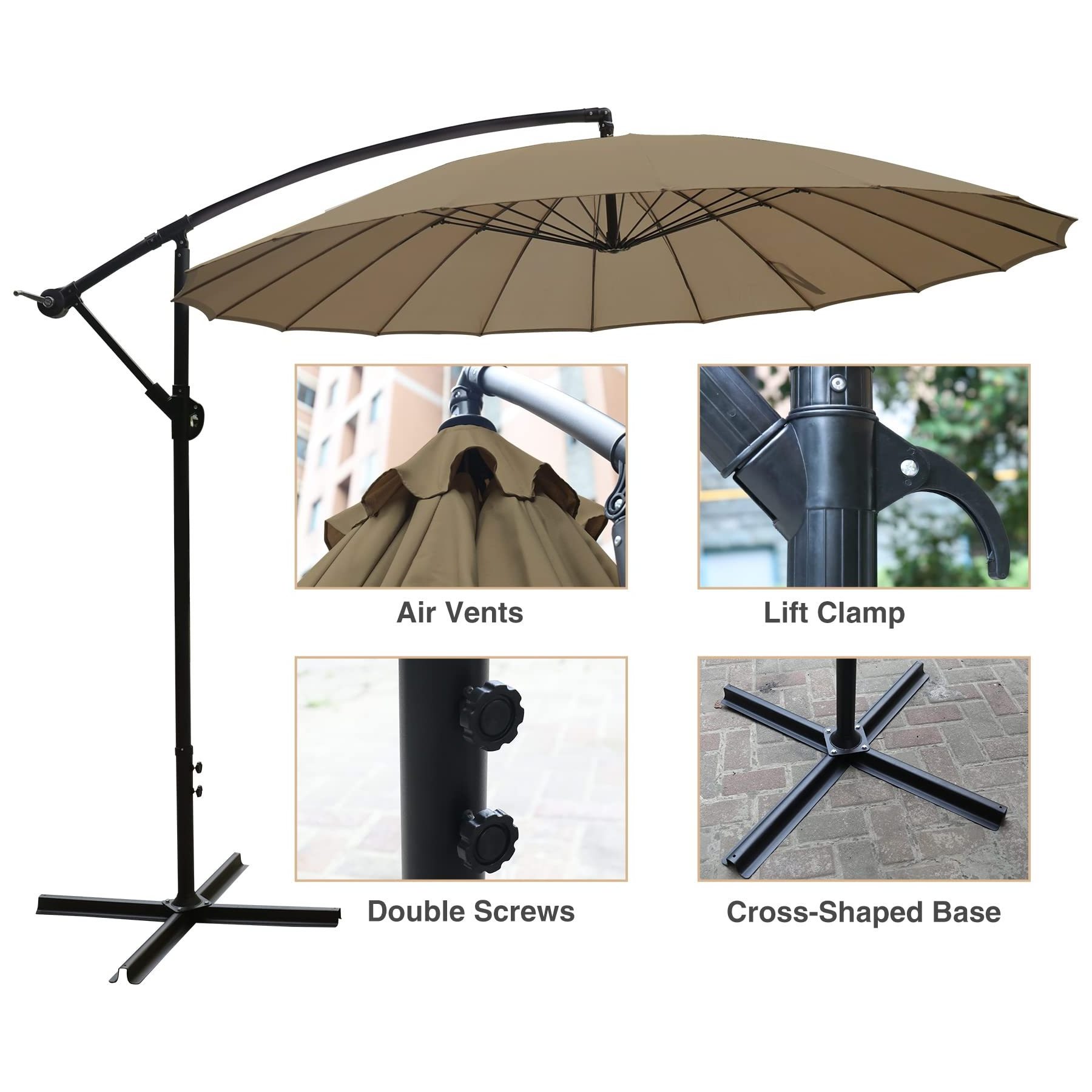 10ft Fiberglass Ribs Cantilever Umbrella Large Offset Hanging Patio Umbrella with Stand Freestanding for Backyard Poolside Lawn