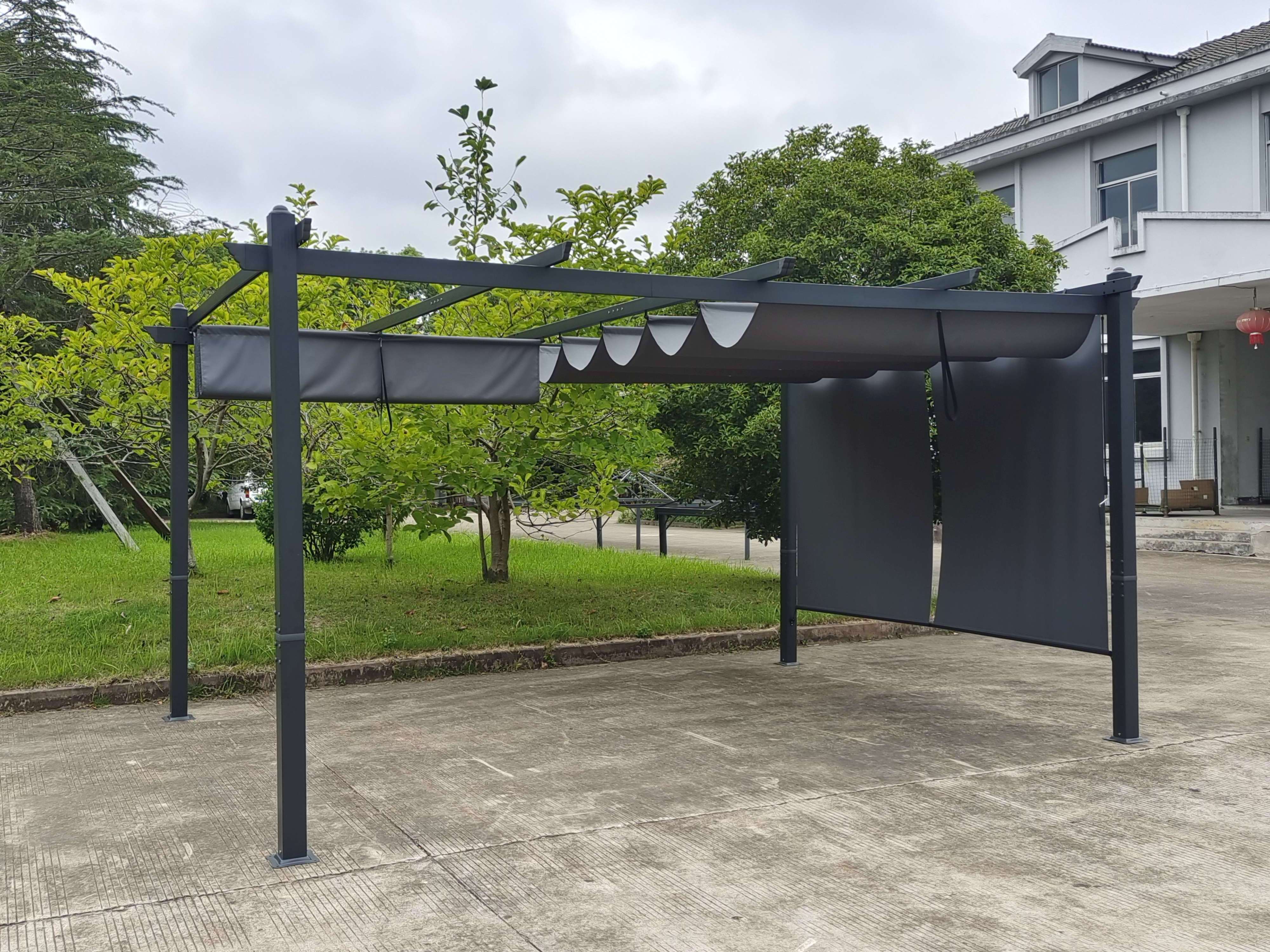 3.6X4.8M Outdoor Aluminum Pergola With Side Awning Screen And Retractable Canopy Grape Trellis Gazebo With Shade Roller Blind