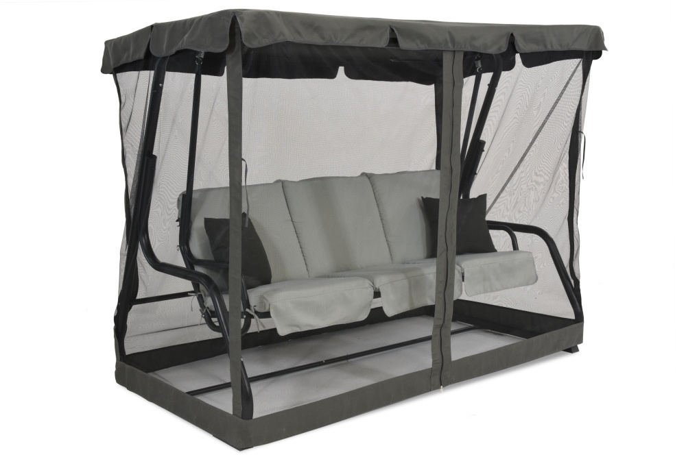 Gazebo Swing Bed with Mosquito Netting Sidewalls Outdoor Swing Daybed with Cushions and Pillows 3 Seat Outdoor Patio Swing Chair