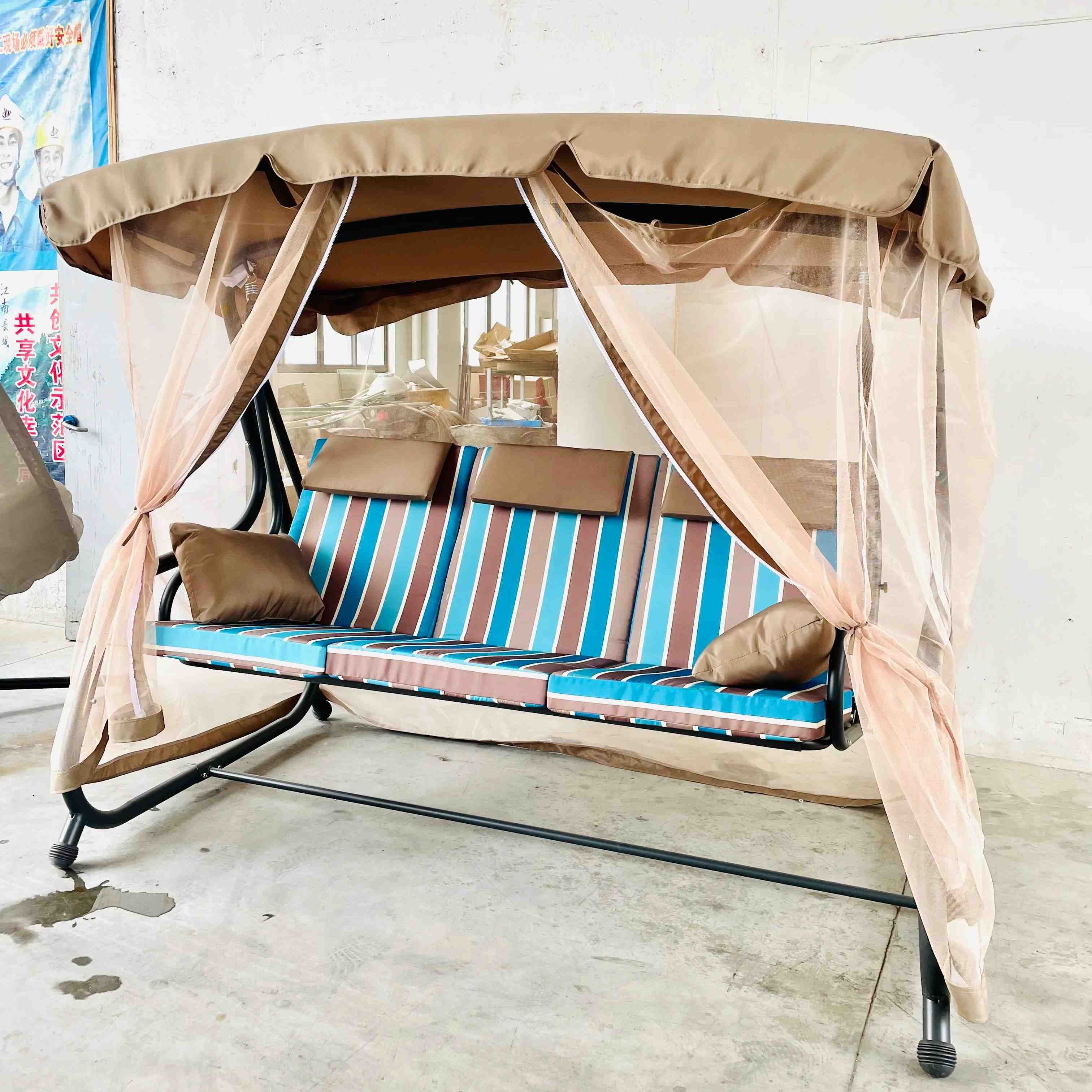 Gazebo Swing Bed with Mosquito Netting Sidewalls Outdoor Swing Daybed with Cushions and Pillows 3 Seat Outdoor Patio Swing Chair