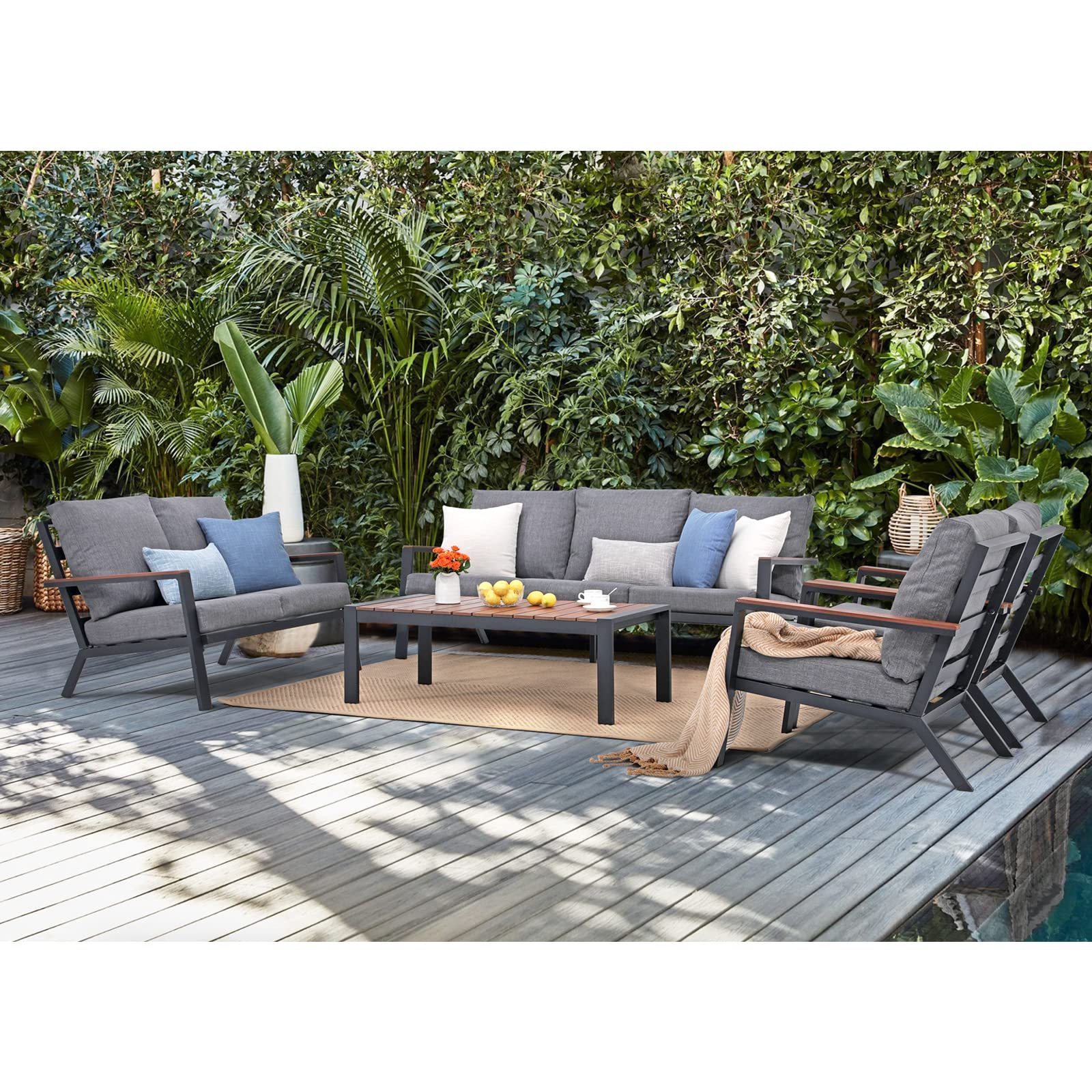 Aluminum Patio Furniture with Solid Wood Top Outdoor Deep Seating Sectional Sofa 4 Piece Conversation Set with Removable Cushion