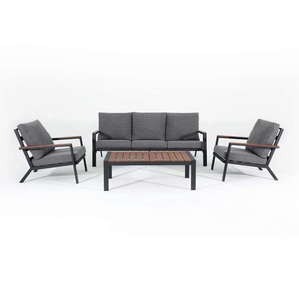 Aluminum Patio Furniture with Solid Wood Top Outdoor Deep Seating Sectional Sofa 4 Piece Conversation Set with Removable Cushion