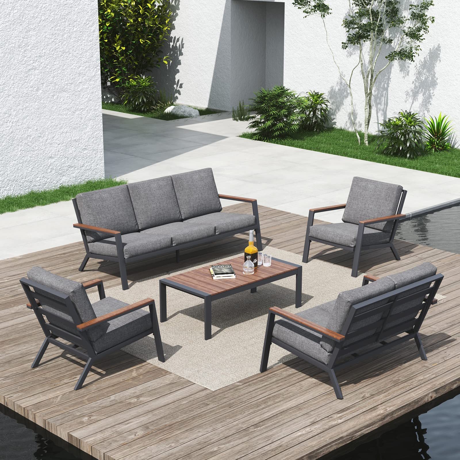 Aluminum Patio Furniture with Solid Wood Top Outdoor Deep Seating Sectional Sofa 4 Piece Conversation Set with Removable Cushion