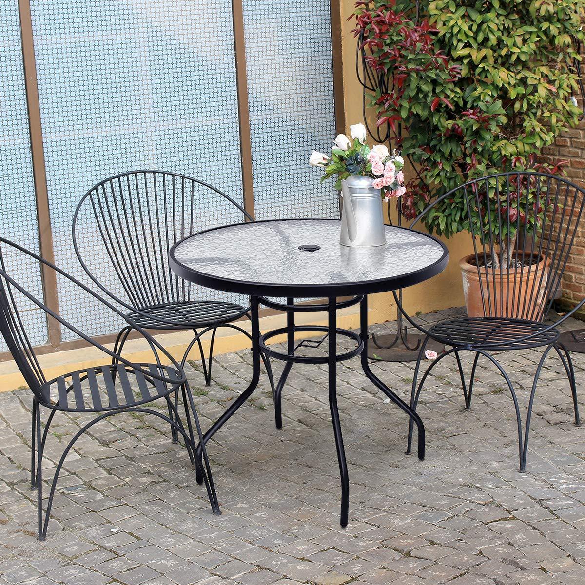 Outdoor 80cm Round Dining Table Tempered Glass Top Steel Frame Bistro Coffee End Side Table Garden with Parasol Hole