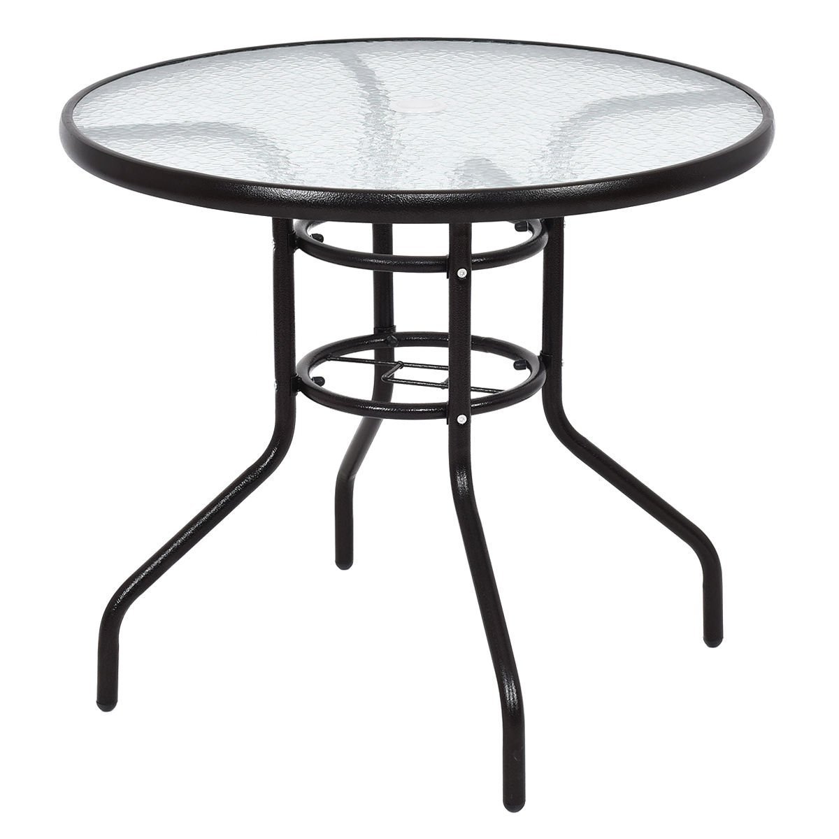 Outdoor 80cm Round Dining Table Tempered Glass Top Steel Frame Bistro Coffee End Side Table Garden with Parasol Hole