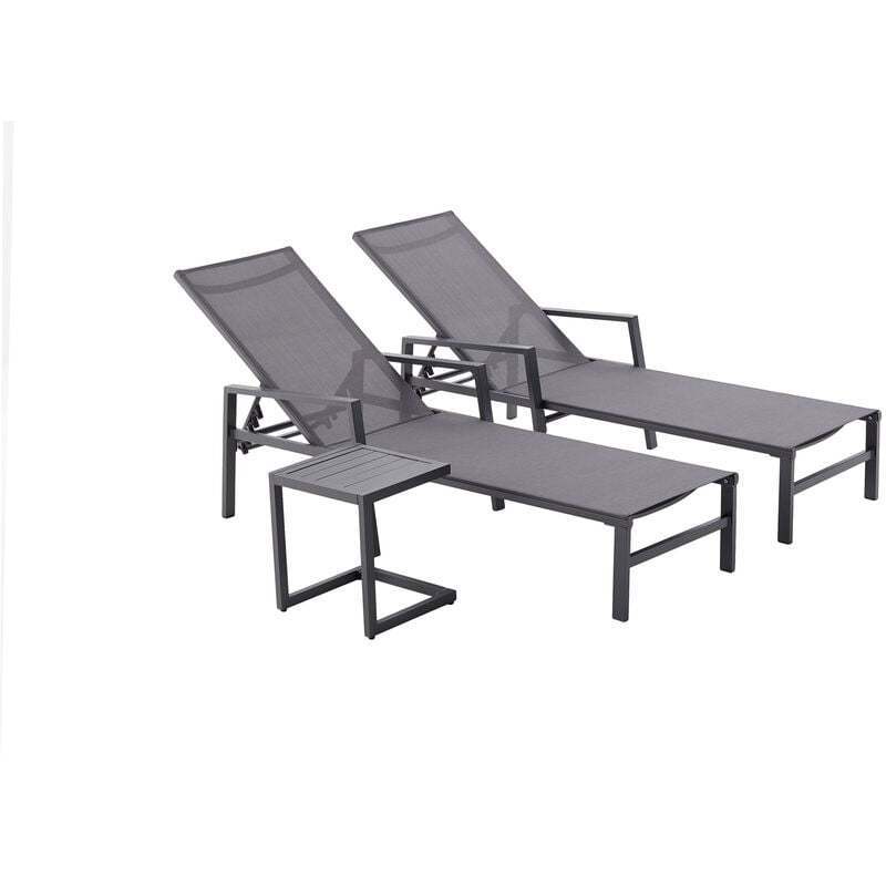 Patio 3pcs Textilene Chaise Lounge Set with Side Table Outdoor Aluminum Adjustable Back for Yard Garden Sunbathing All Seasons