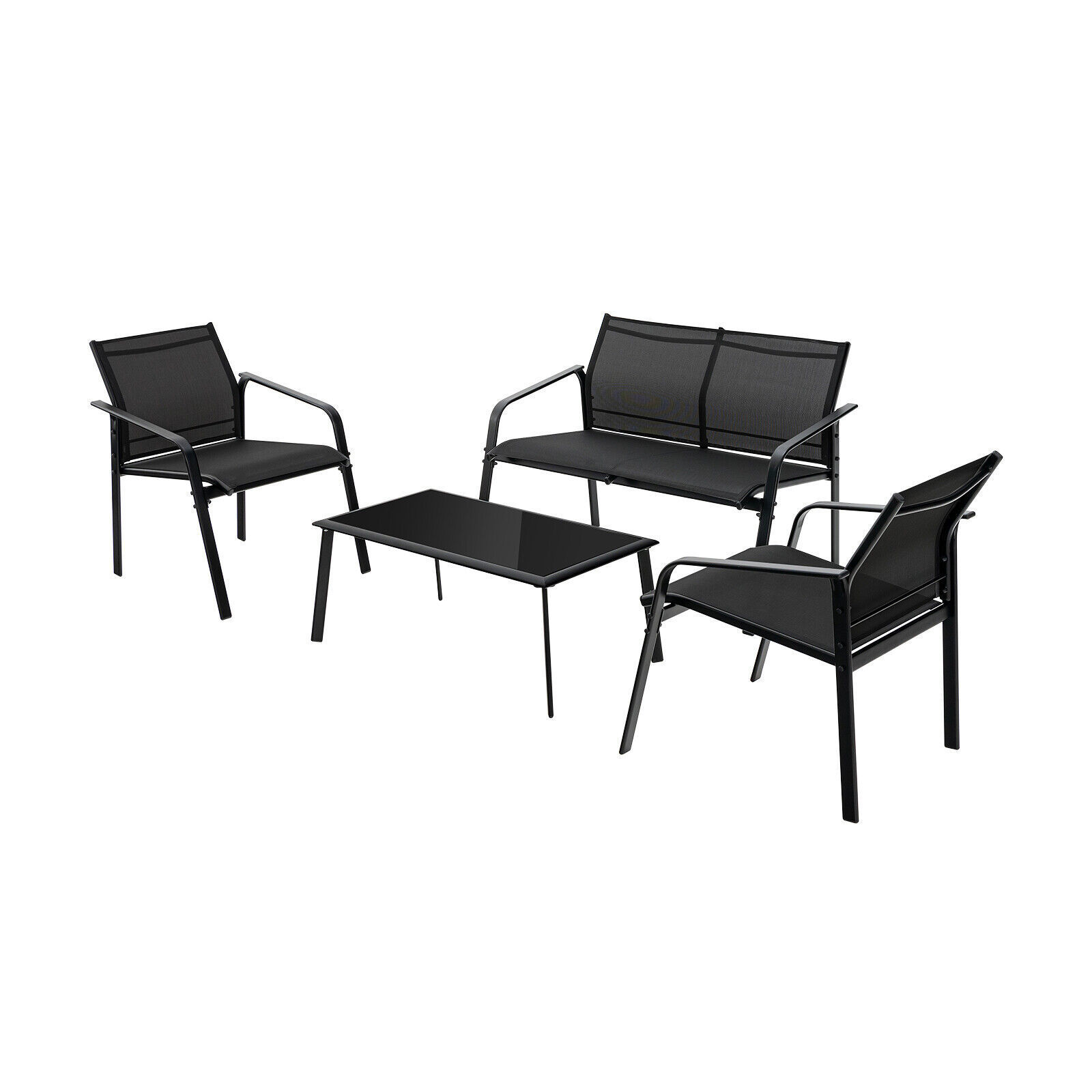 4 Pieces Metal Patio Conversation Set Loveseat Sofas Armrest Glass Table Deck Black KD Structure