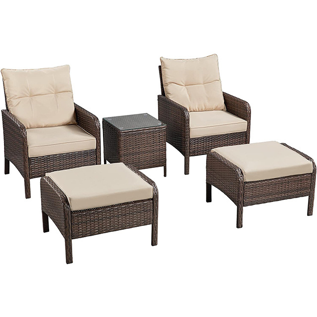 Patio Conversation Bistro Set 5 Pieces Outdoor PE Wicker Rattan Sofa All Weather Cushioned Chairs and Ottomans with Coffee Table