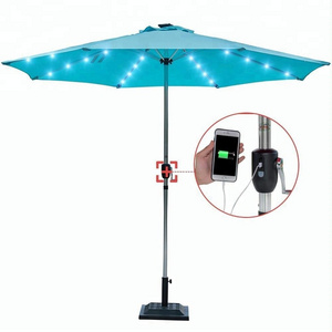 10Feet Deluxe Solar Powered 32 LED Lighted Patio Garden Aluminum Market Umbrella With Usb Phone Charger Anodized Finish