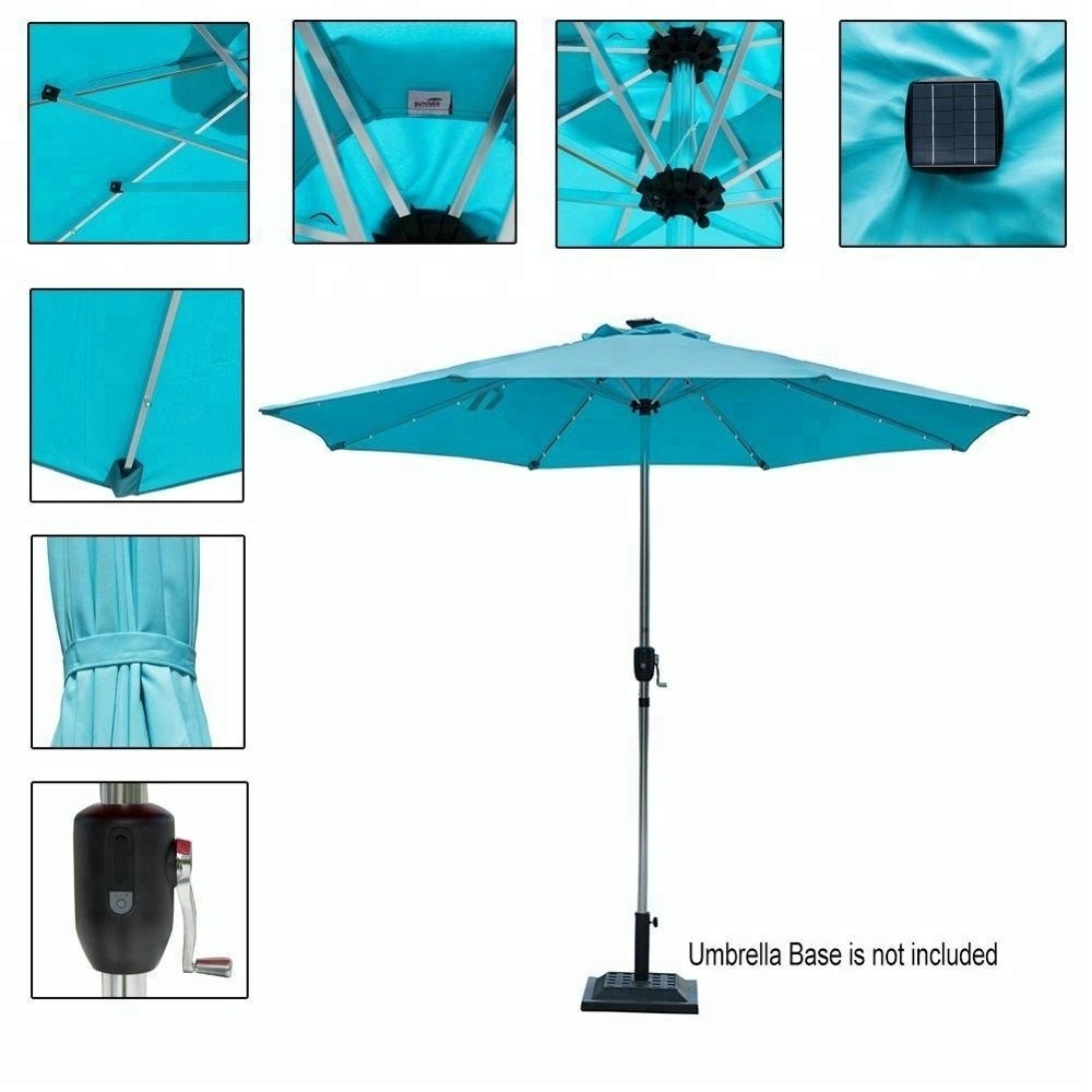 10Feet Deluxe Solar Powered 32 LED Lighted Patio Garden Aluminum Market Umbrella With Usb Phone Charger Anodized Finish