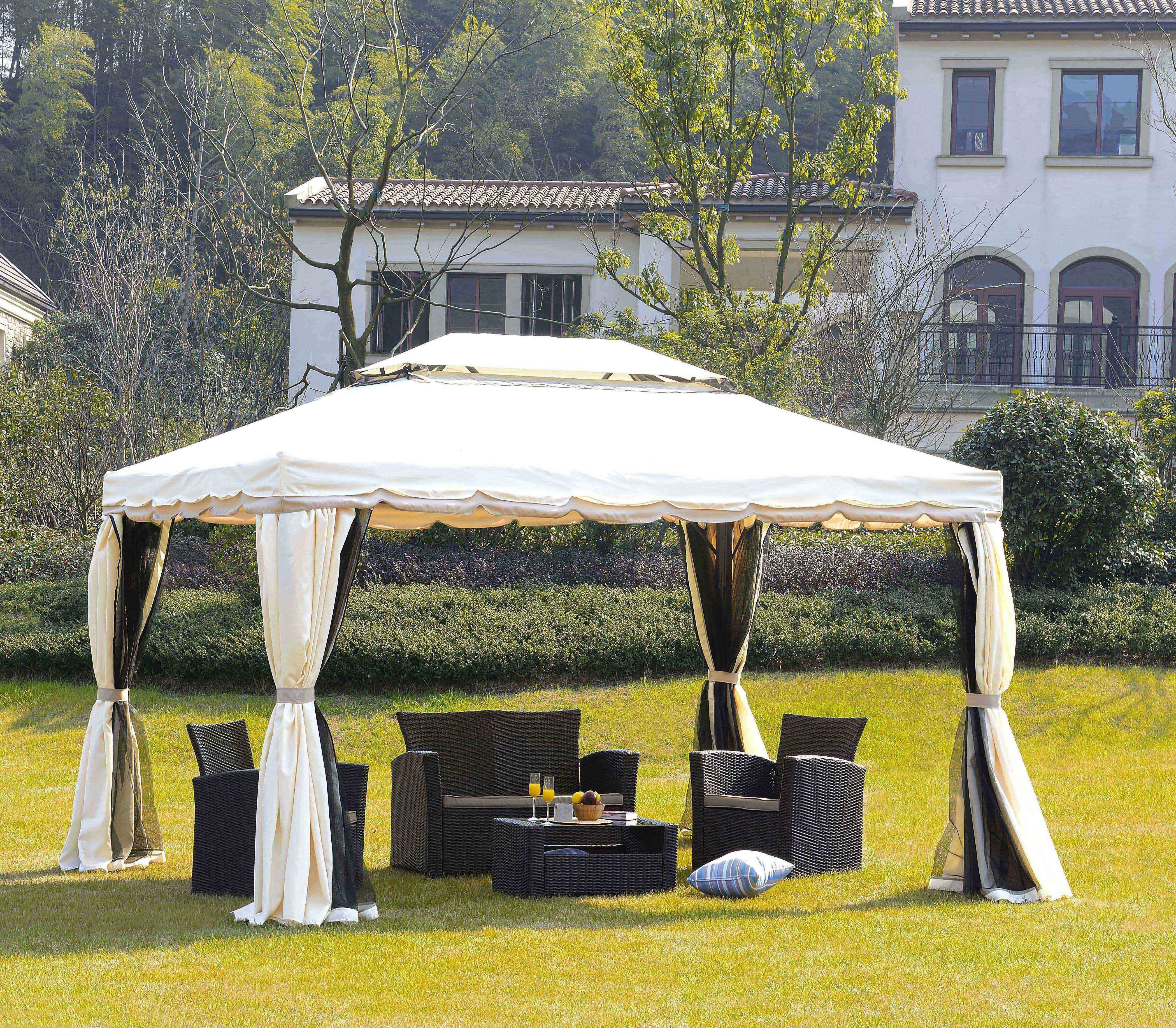 10' x 13' Outdoor Patio Gazebo Garden Canopy with 2 Tier Polyester Roof Vented Mesh Sidewall Curtains Strong Aluminum Frame