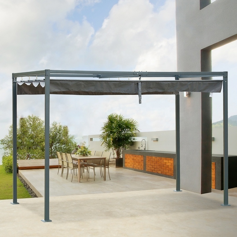 10x7ft Metal Pergola Gazebo Patio Sun Shelter Sun Shade Retractable Canopy Grey