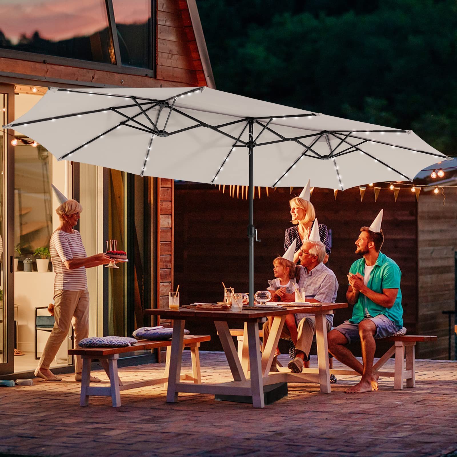 Outdoor 15FT Double-sided Patio Umbrella with Solar Lights  Large Twin Table Umbrella with Crank Handle  Umbrella Base Included