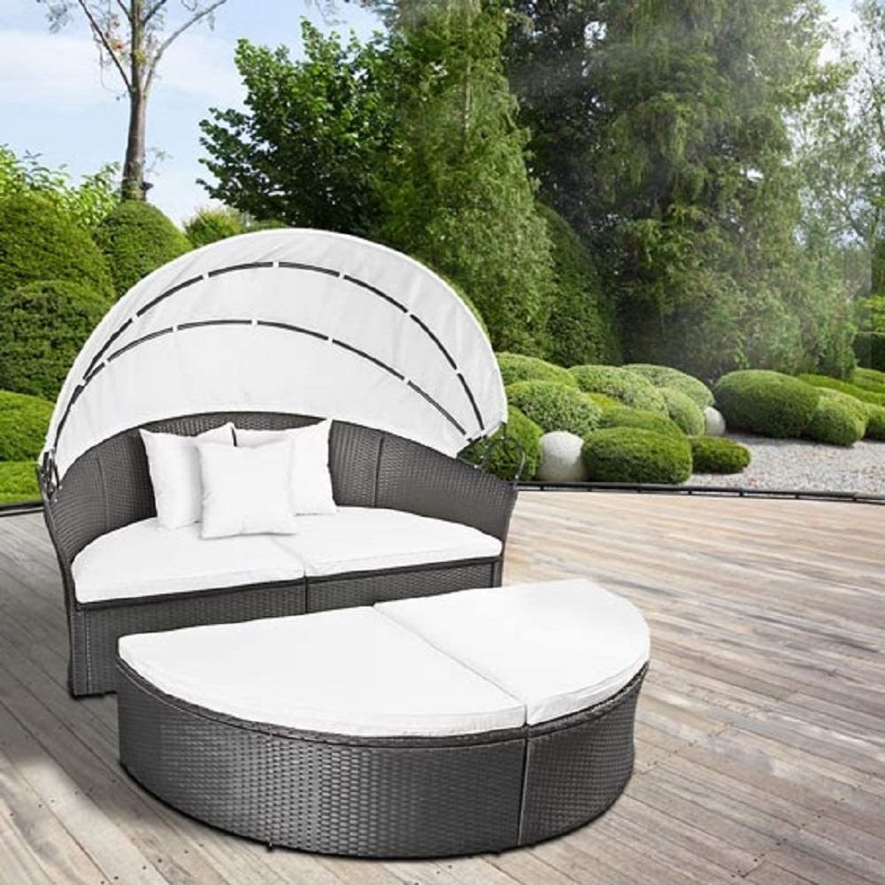 Patio Furniture Outdoor Round Daybed with Retractable Canopy Wicker Rattan Separated Seating Sectional Sofa for Backyard Porch