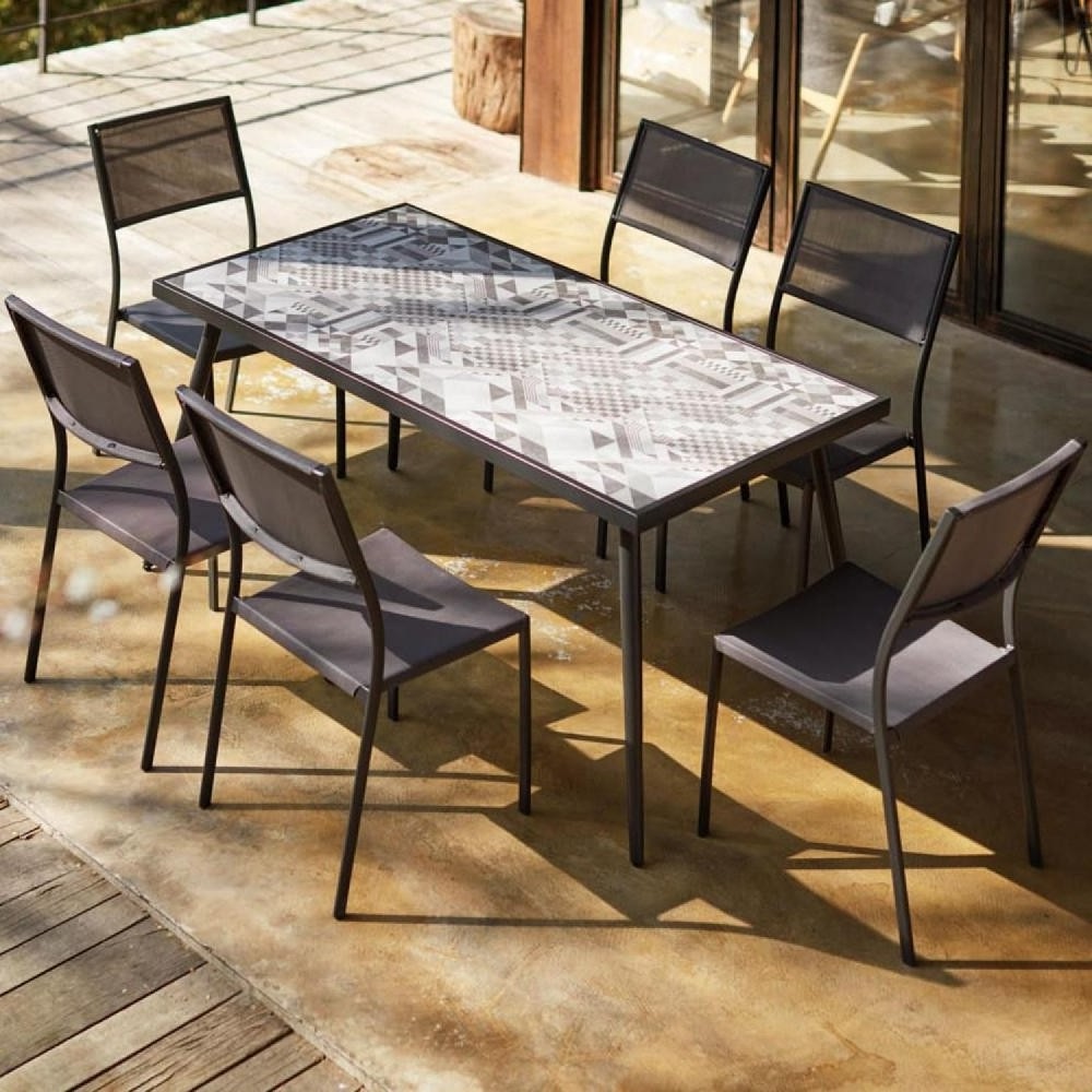 French style 7pcs garden dining set with rectangular ceramic tile top table conical feet and stackable armless dining chairs