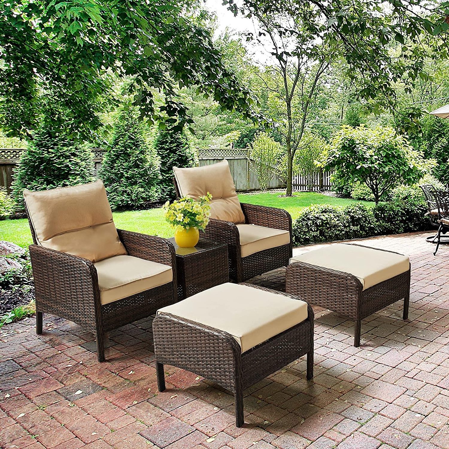 Patio Conversation Bistro Set 5 Pieces Outdoor PE Wicker Rattan Sofa All Weather Cushioned Chairs and Ottomans with Coffee Table