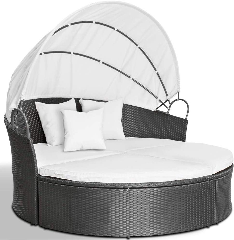 Patio Furniture Outdoor Round Daybed with Retractable Canopy Wicker Rattan Separated Seating Sectional Sofa for Backyard Porch