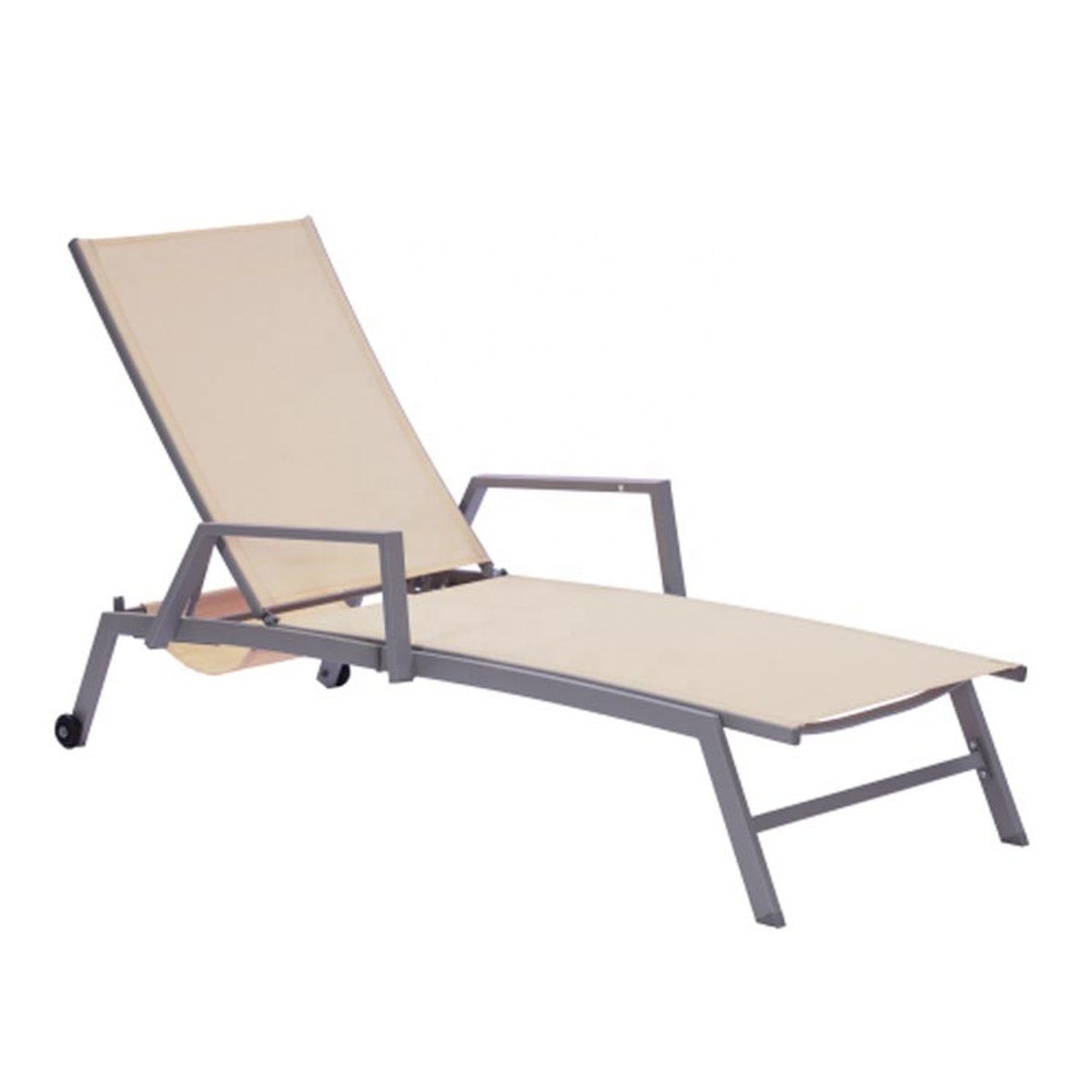 All Weather KD Outdoor Sling Chaise Lounge with Armrest and Wheels Adjustable Recliner Five-Position and Full Flat Tanning Chair