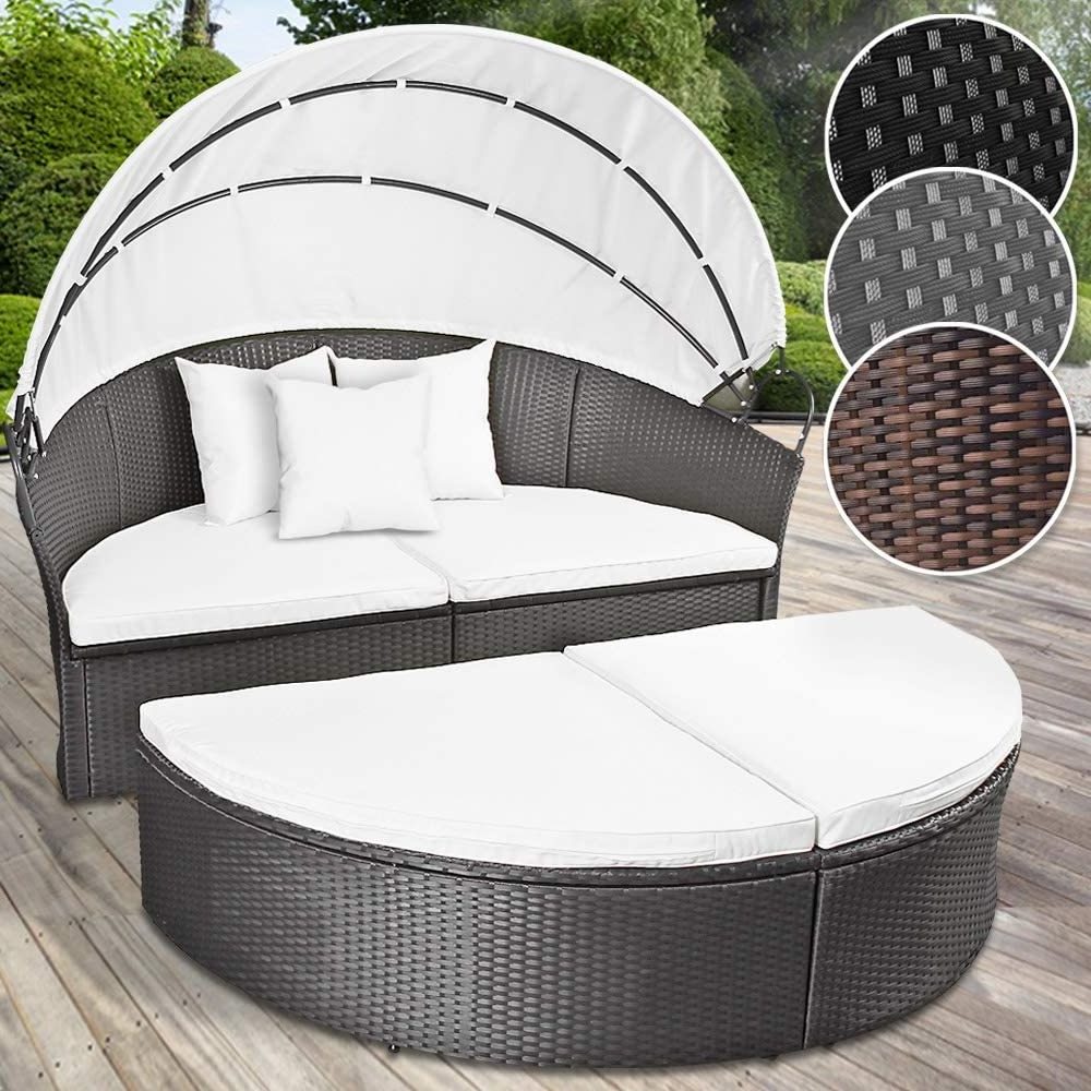 Patio Furniture Outdoor Round Daybed with Retractable Canopy Wicker Rattan Separated Seating Sectional Sofa for Backyard Porch