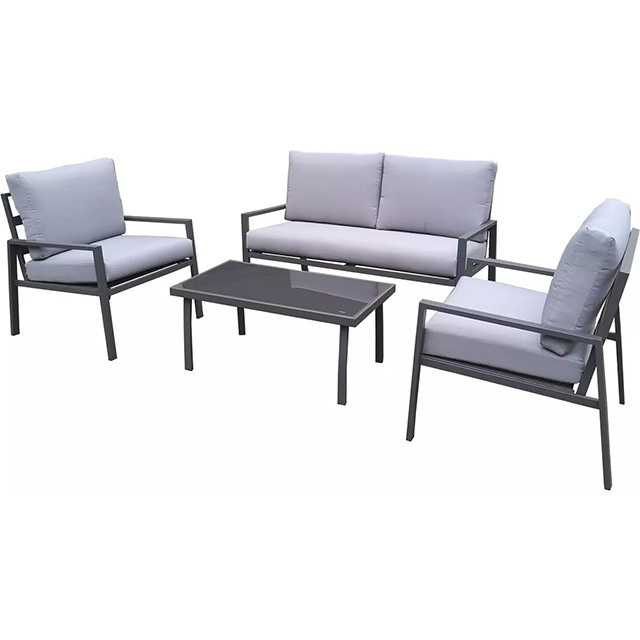 Durable 4Pieces Outdoor Metal Sofa Set with Coffee Table Patio Sectional Furniture Chat Sofa Conversation Set with Gray Cushions