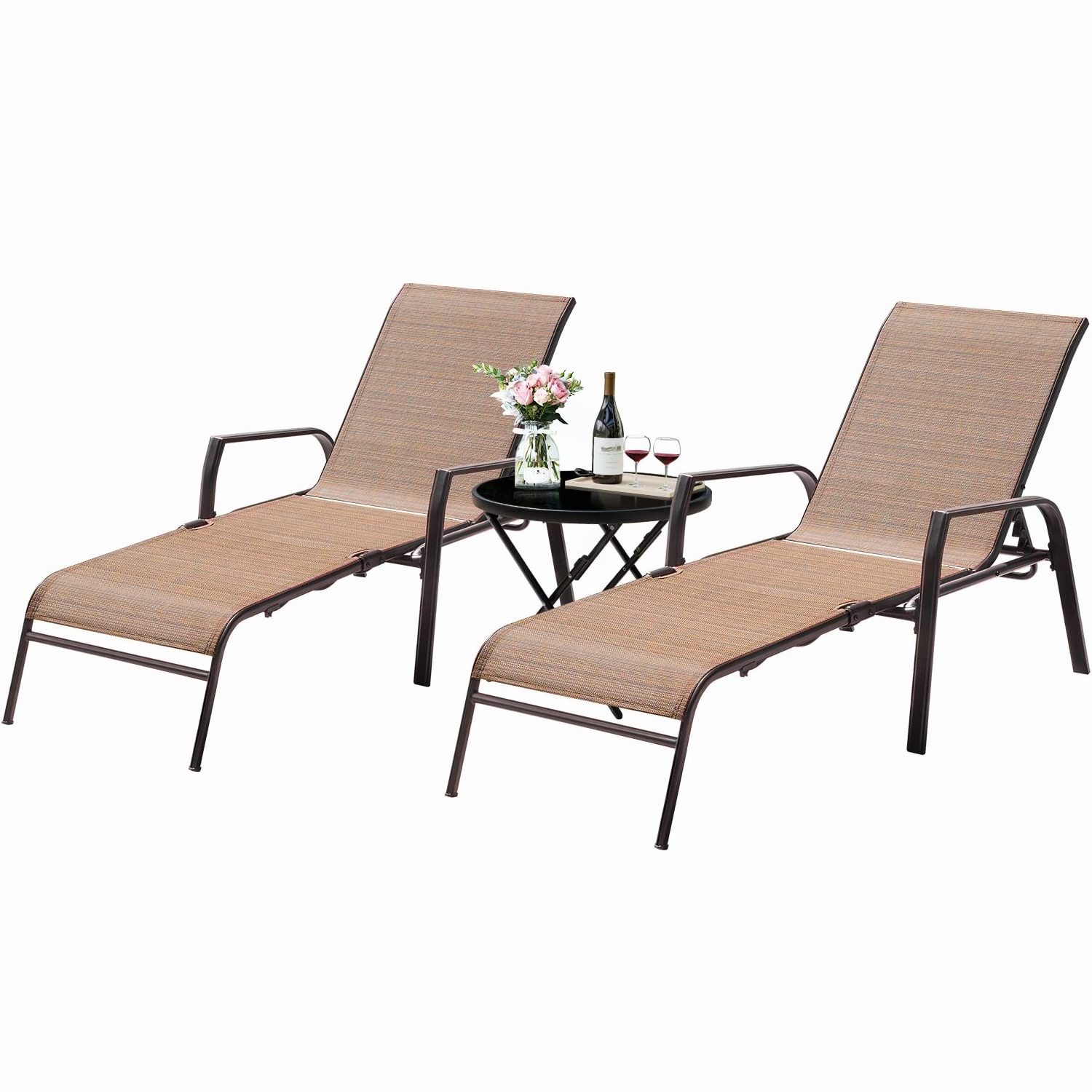 Adjustable Patio Chaise Lounge Set 3 Pieces Textiline Outdoor Foldable Metal Reclining Chairs with Glass Top Bistro Table