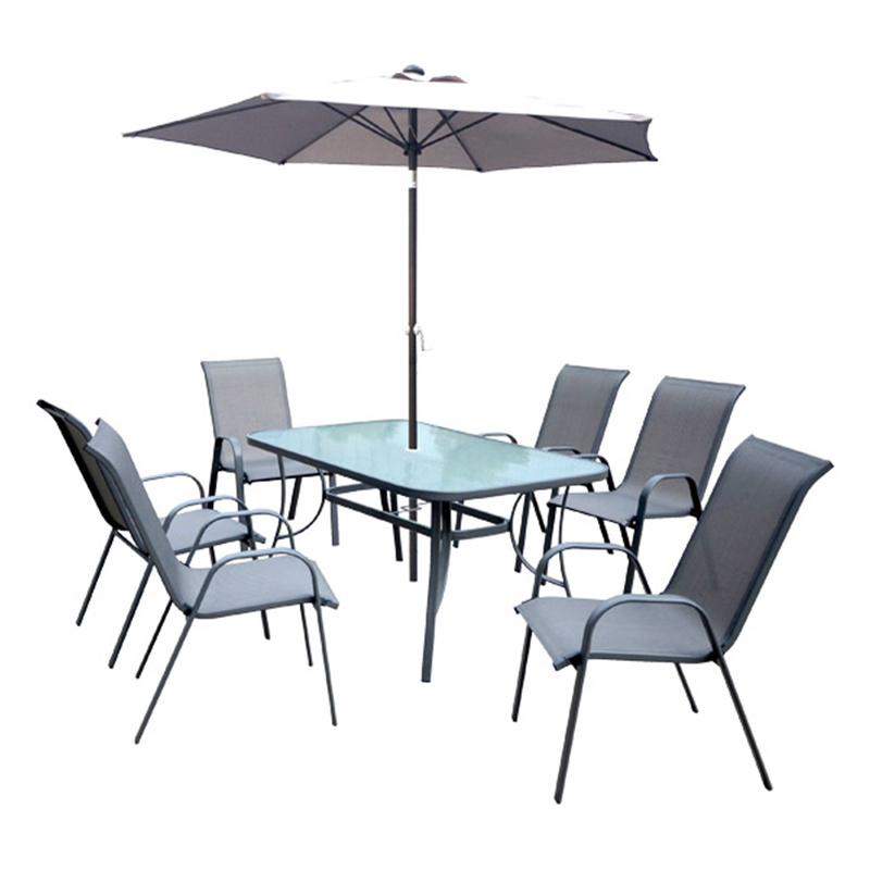 Promotion Outdoor Patio Dining Table And 6 Stackable Chairs Furniture Set With Umbrella