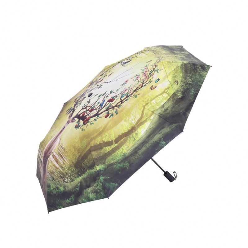 Fully Automatic Custom Three 190T Pongee Fabric Full Over Printing Design 2 Folding Chinese Umbrella