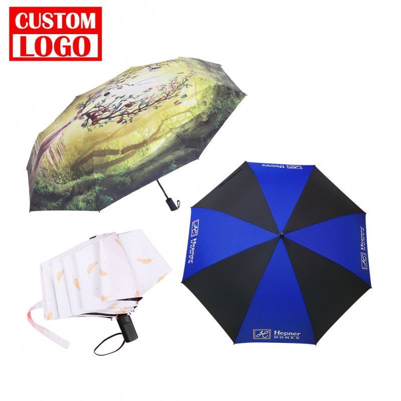 Fully Automatic Custom Three 190T Pongee Fabric Full Over Printing Design 2 Folding Chinese Umbrella