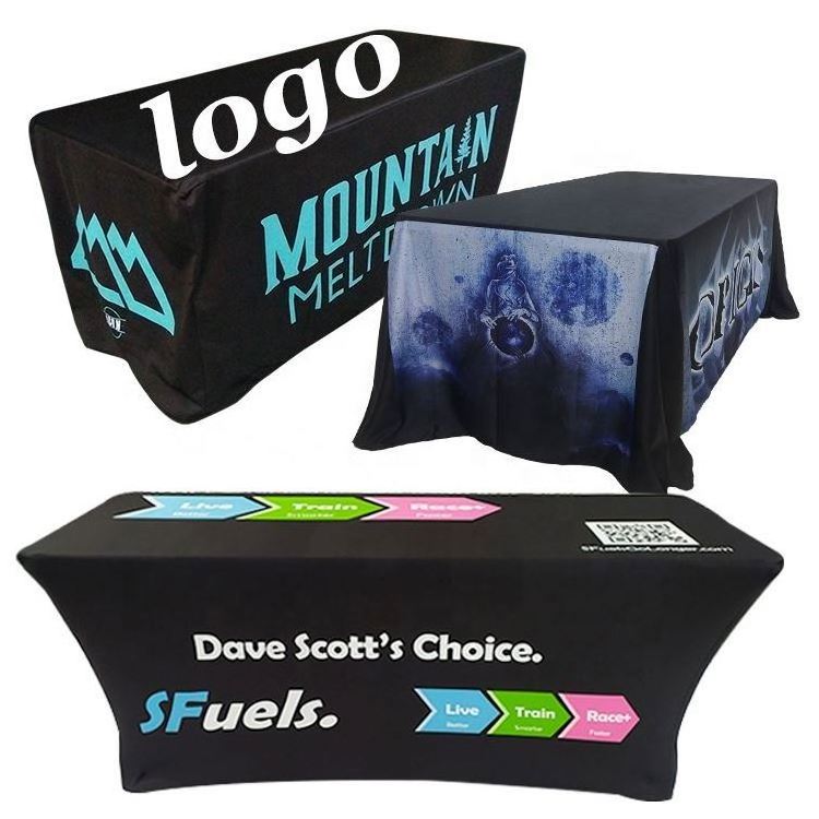 Low MOQ cost customized LOGO 4ft 6ft 8ft Fitted Table Cloth with Logo table cloth display shelf