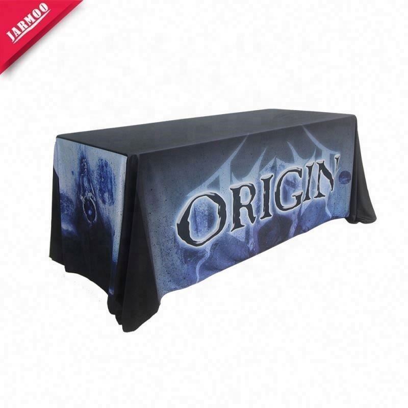 Low MOQ cost customized LOGO 4ft 6ft 8ft Fitted Table Cloth with Logo table cloth display shelf