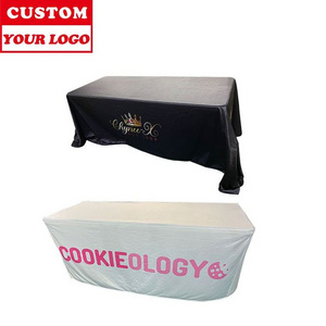 Low MOQ cost customized LOGO 4ft 6ft 8ft Fitted Table Cloth with Logo table cloth display shelf