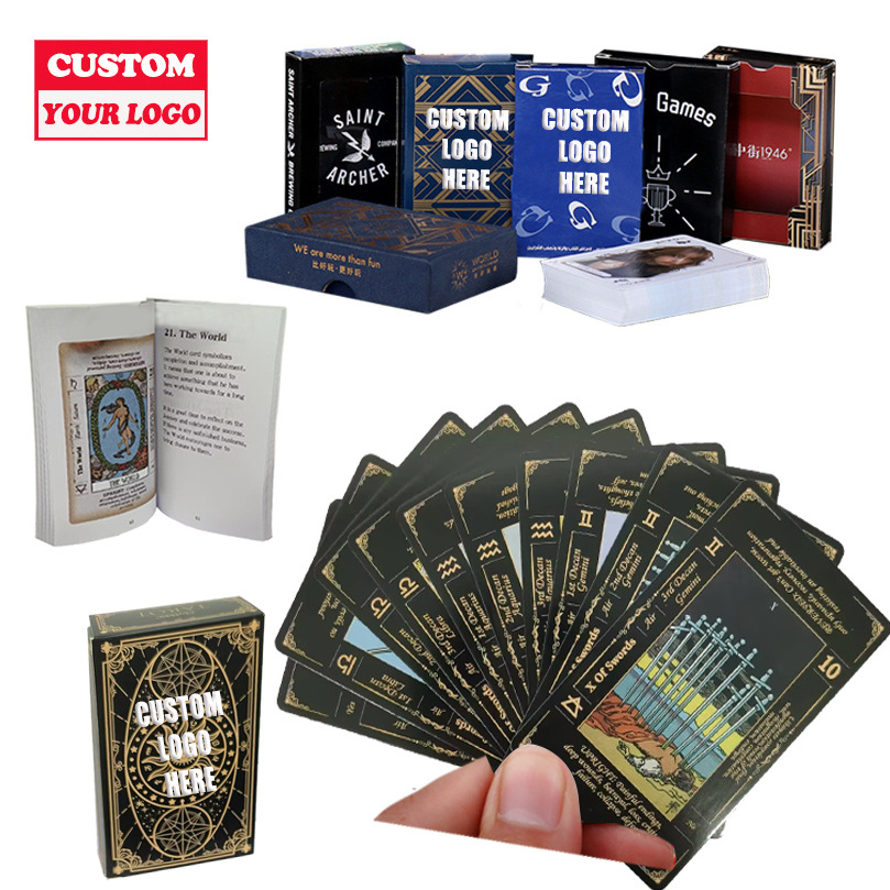 Affirmation Gold Foil Trim Decks Size Card WIth Box Holder Set Custom Printing Black Tarot Cards With Guidebook