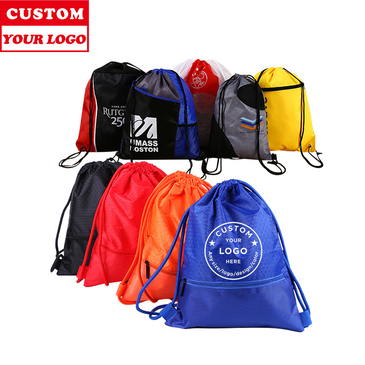 Custom Personalize Logo Printing Nylon Polyester Oem Sport Promotion Backpack Bag Side Zipper Drawstring Bag With Zipper Pocket